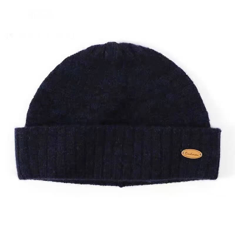 Men’s navy blue 100% cashmere beanie, premium cuffed British style winter hat