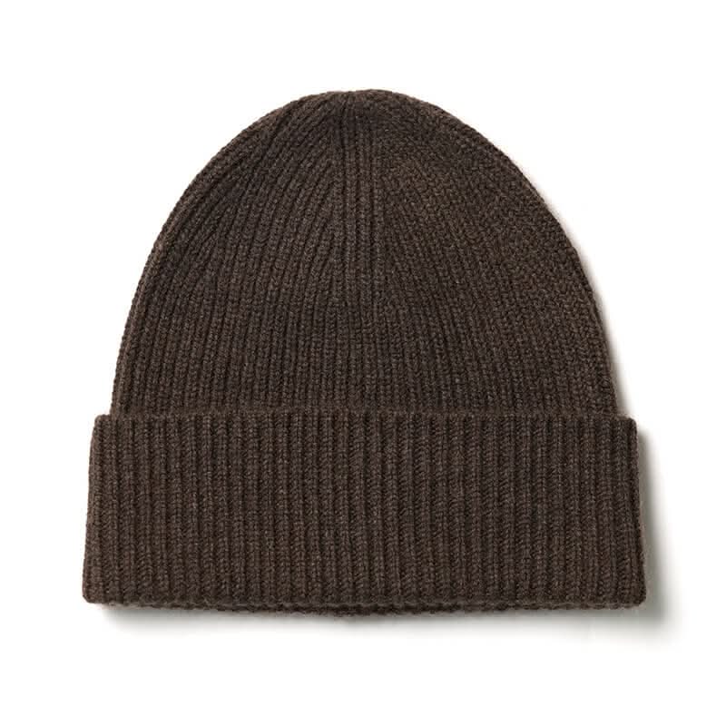women's men's cashmere ribbed beanie hats in dark brown. men's cashmere hat for winter