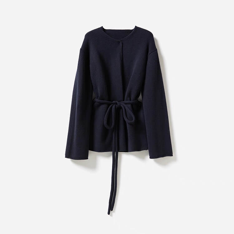 Navy blue cashmere open-front cardigan with tie belt