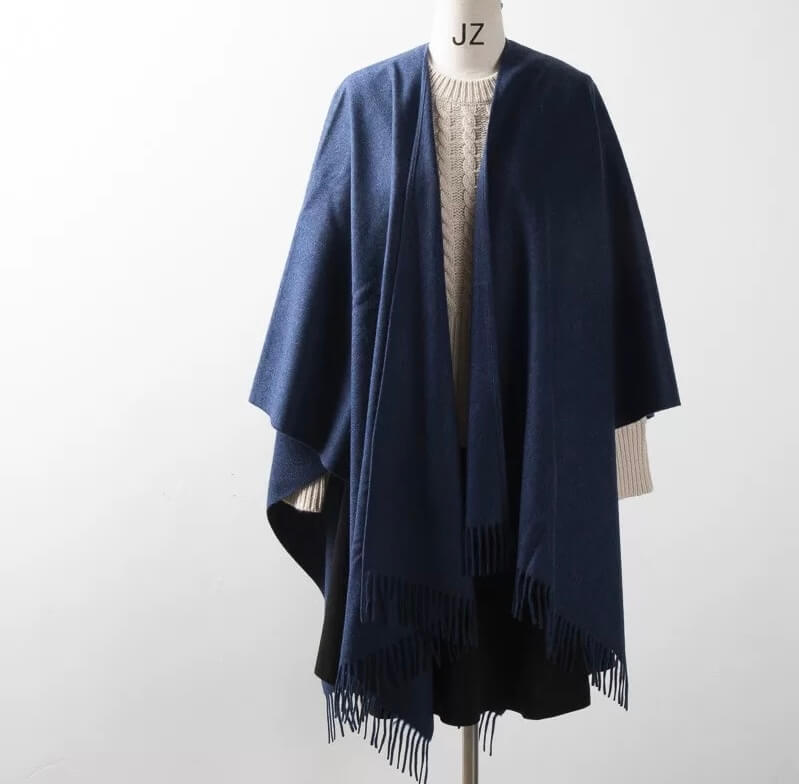 100% Cashmere Shawl Cape with U-Neckline in navy blue for women