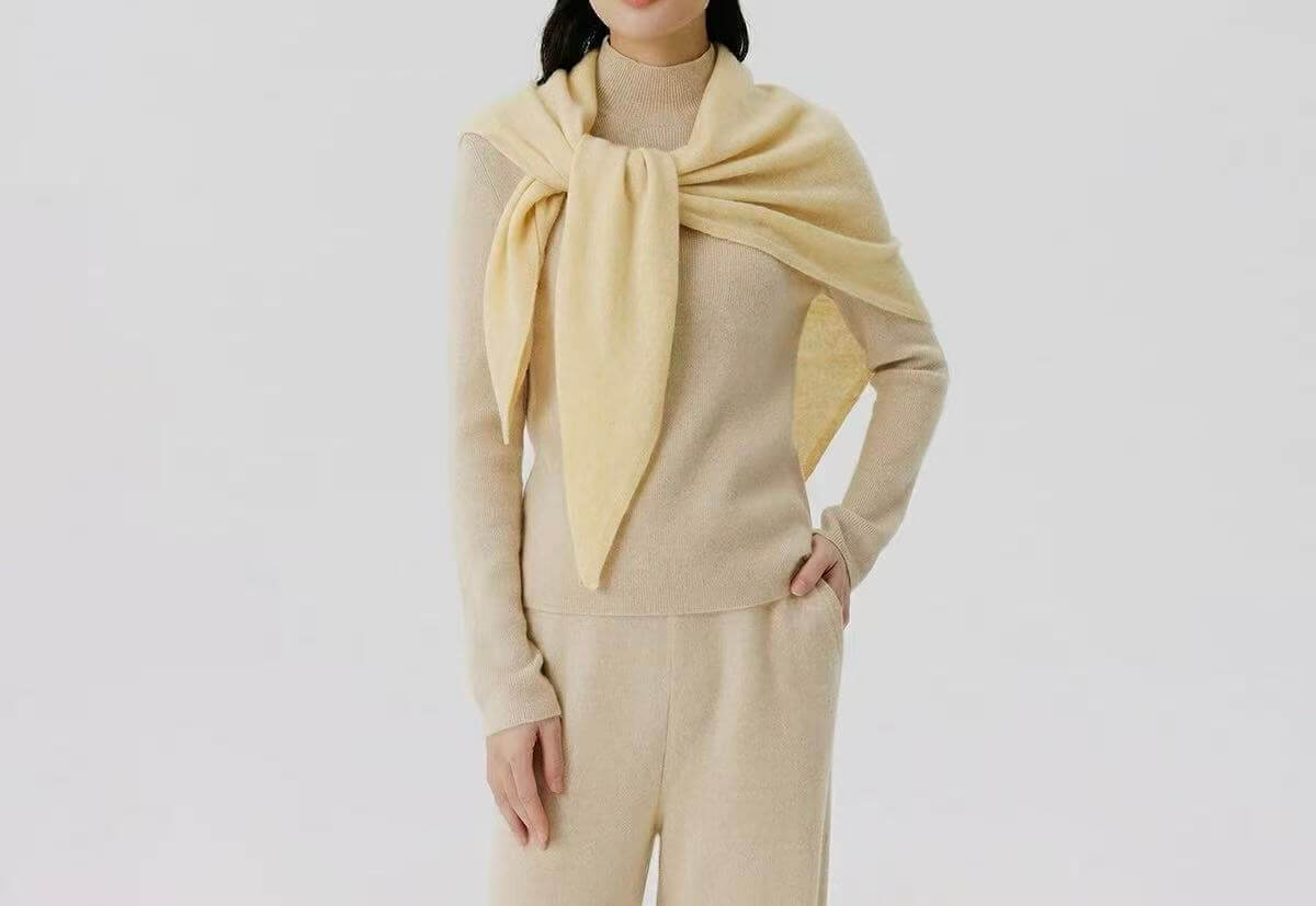 Pale yellow lightweight cashmere triangle shawl