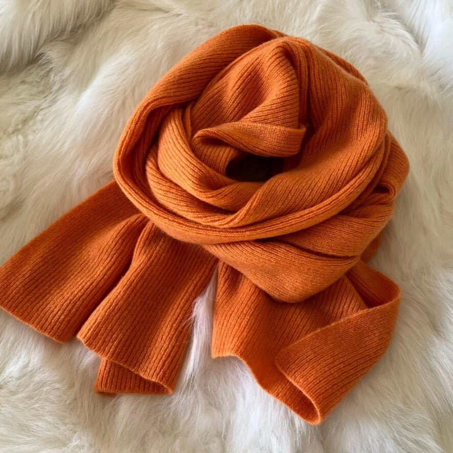 Luxury 100% Cashmere Ribbed Knit Scarf in orange