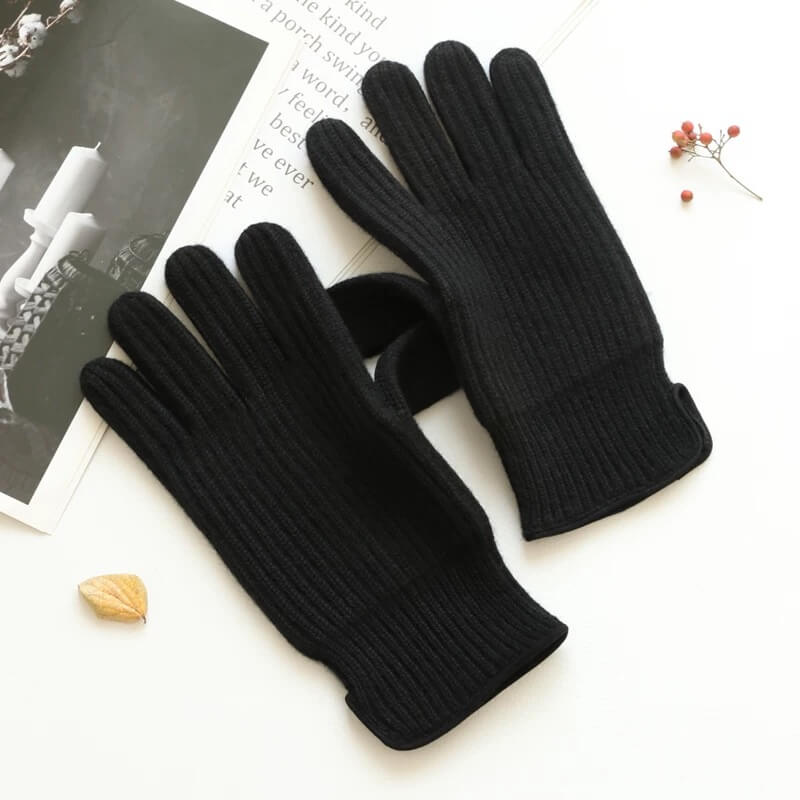 100% pure cashmere gloves for men in black color, ribbed thick cashmere gloves for men