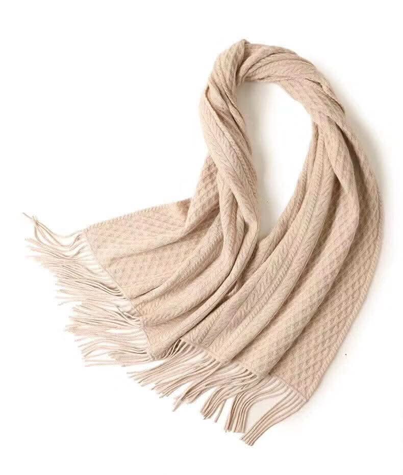 Luxury Women’s 100% Pure Cashmere Scarf – Heavyweight Cable Knit Winter Wrap in beige