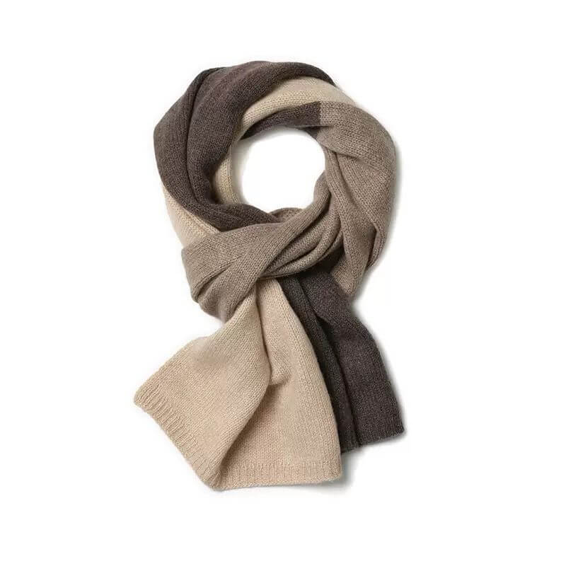 Knitted 100% cashmere scarf with brown and beige pattern on a white background