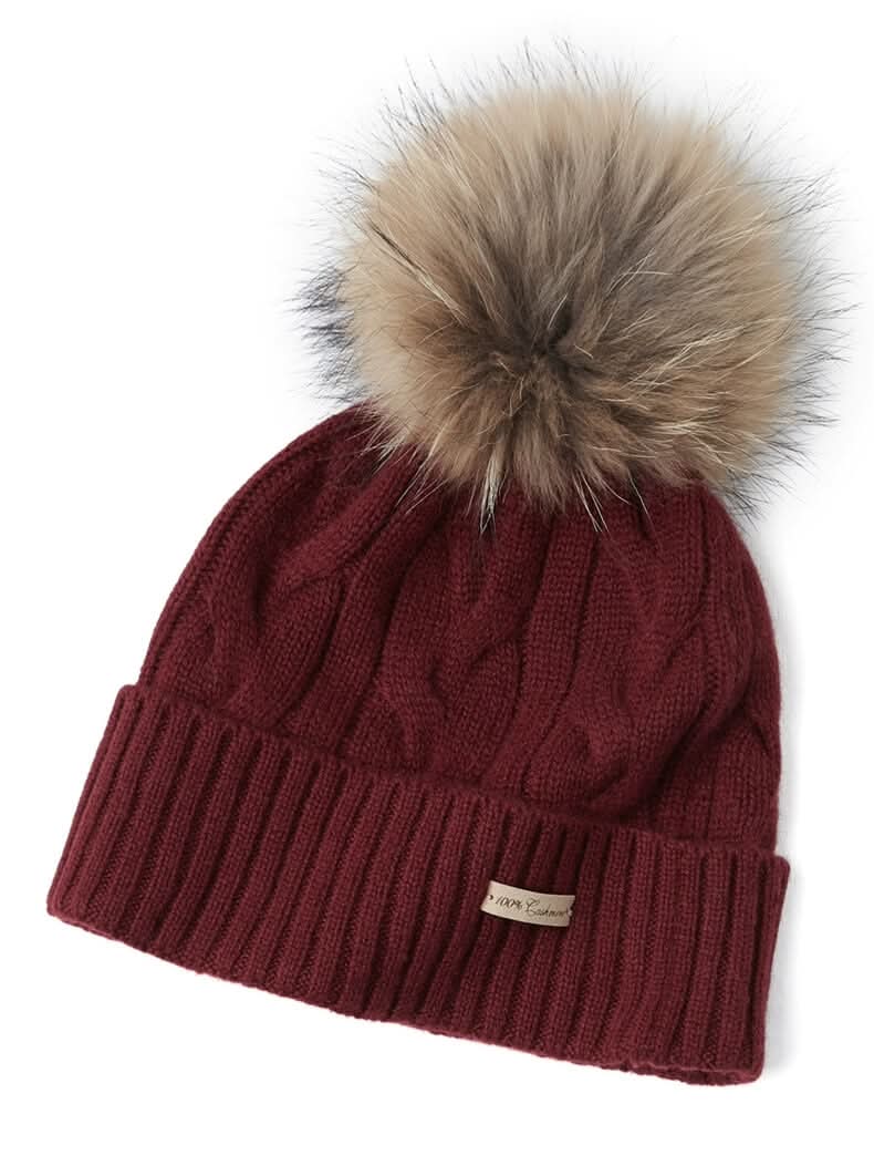 wine red cashmere cable knitting beanie hats with pom pom for women's or ladies'