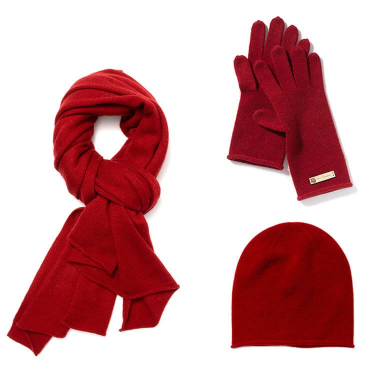 women's cashmere gift hat, glove,scarf set in red, best gift for mother's day,Soft 100% cashmere knit set in red — includes matching scarf, beanie, and gloves for cozy winter warmth.