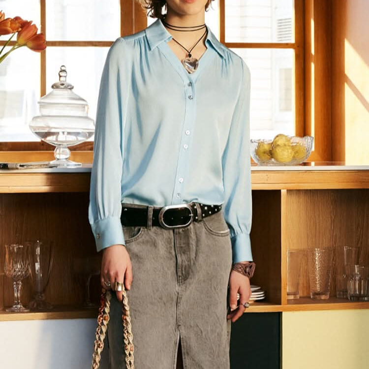 women's blue silk blouse