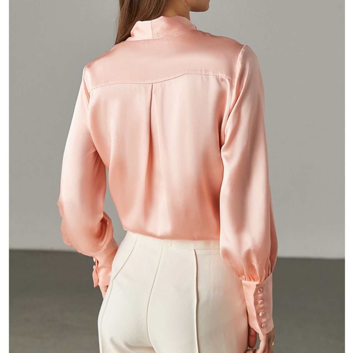 Sakura Pink 100% Mulberry Silk Long Sleeve Blouse with Bow Tie Neck