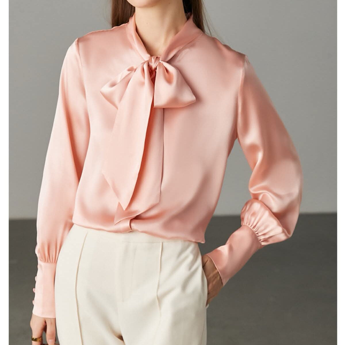 Sakura Pink 100% Mulberry Silk Long Sleeve Blouse with Bow Tie Neck