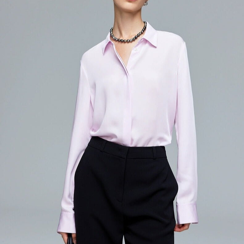 Sustainable ballet-pink long sleeve silk blouse shirt top with hidden buttons and semi-fitted silhouette