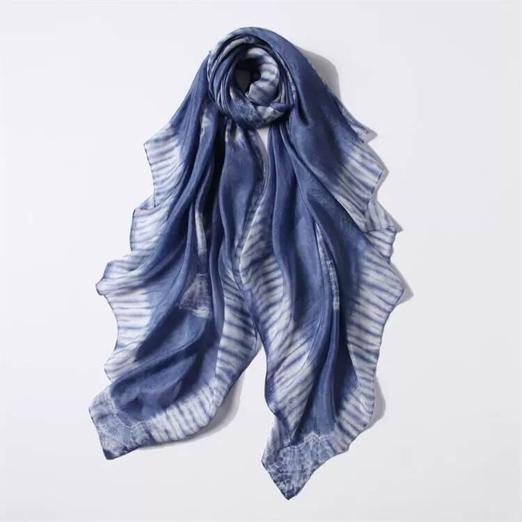 Luxurious 100% Mulberry Silk Hand-Dyed Tie-Dye Scarf in blue