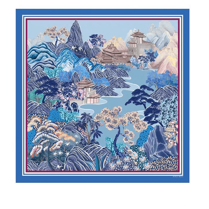 100% Silk Square blue Scarves for Women,100% Mulberry Silk Scarf with Artistic Prints