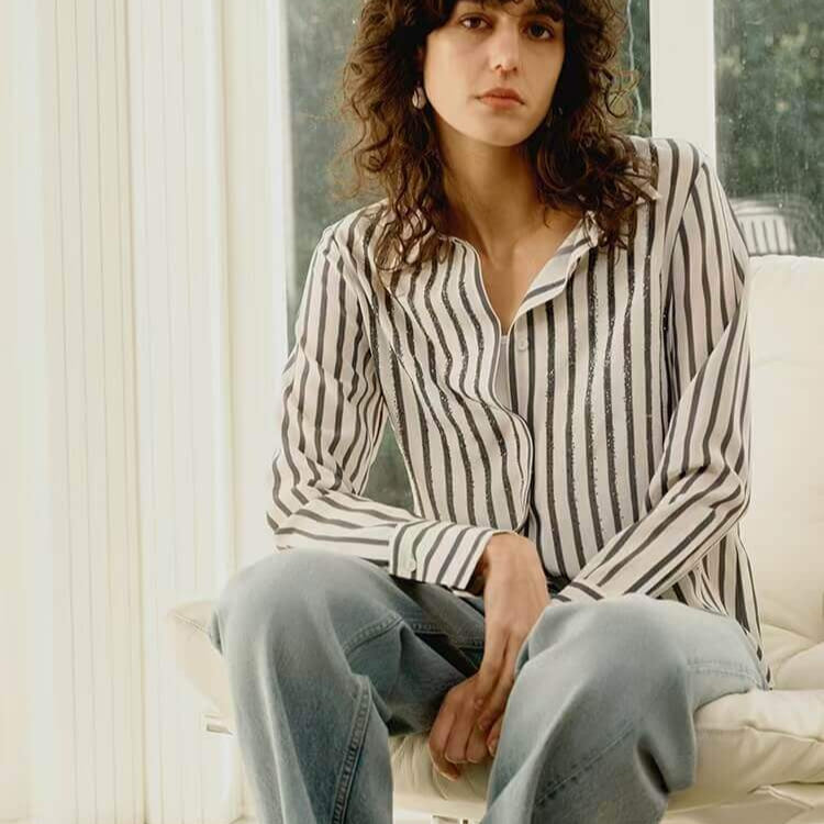 Women's 16MM Crepe de Chine Silk Shirt Front & Back View - Embellished Office Wear