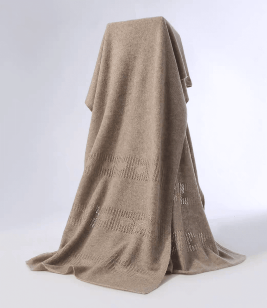 Luminous 100% Cashmere Scarf with Gold Thread & Heart Motif in camel