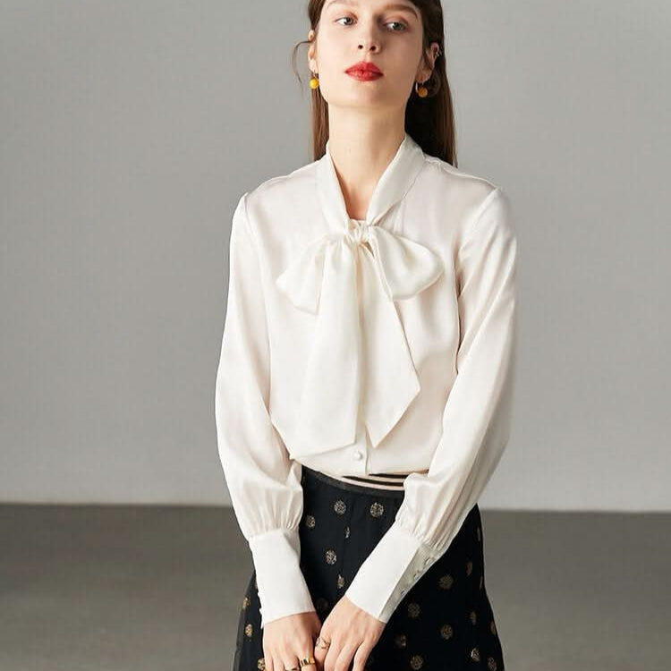 white 100% Mulberry Silk Long Sleeve Blouse with Bow Tie Neck