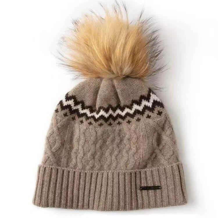 Women’s 100% Cashmere Cable Knit Pom Pom Hat in camel