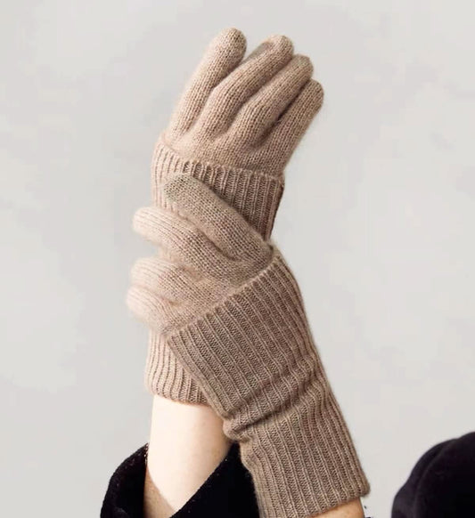 Women’s 100% Pure Cashmere Long Fingerless Gloves – Classic Undyed Oatmeal and Camel