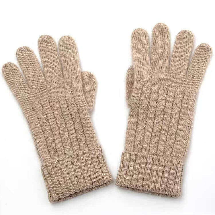 women cashmere sand color gloves cable knitted