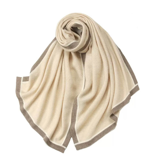 100% Cashmere Twill Knit Shawl with Contrast Trim in beige color