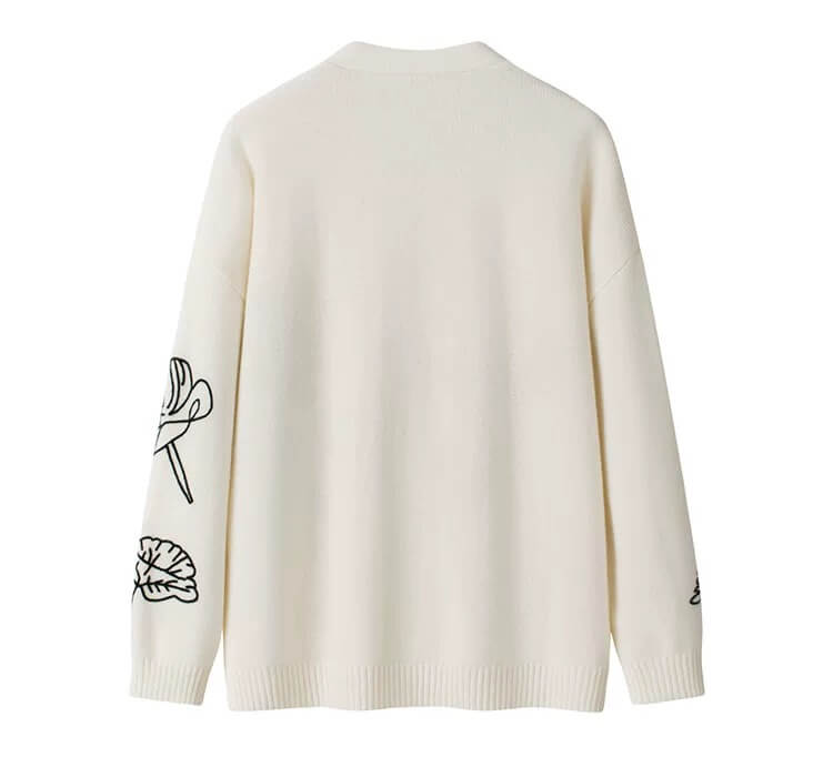 women's Cashmere V-Neck Cardigan with Floral Embroidery in white