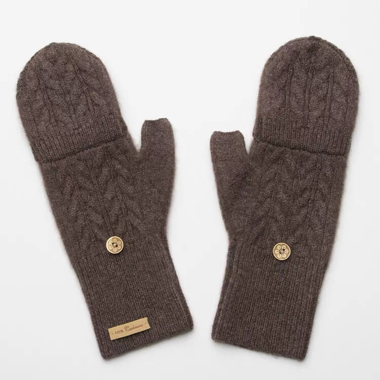 Women’s 100% Cashmere Convertible Mittens – Cable Knit Flip-Top Gloves for Winter Warmth in brown