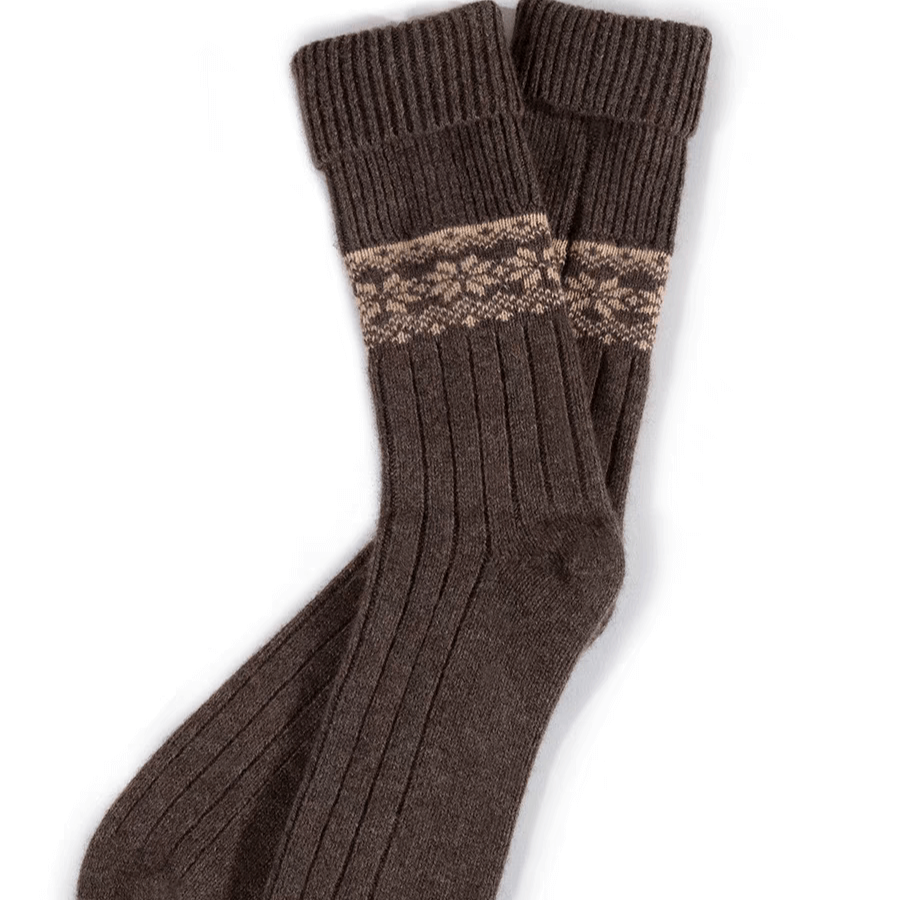 Women's jacquard cashmere mid-calf socks brown color