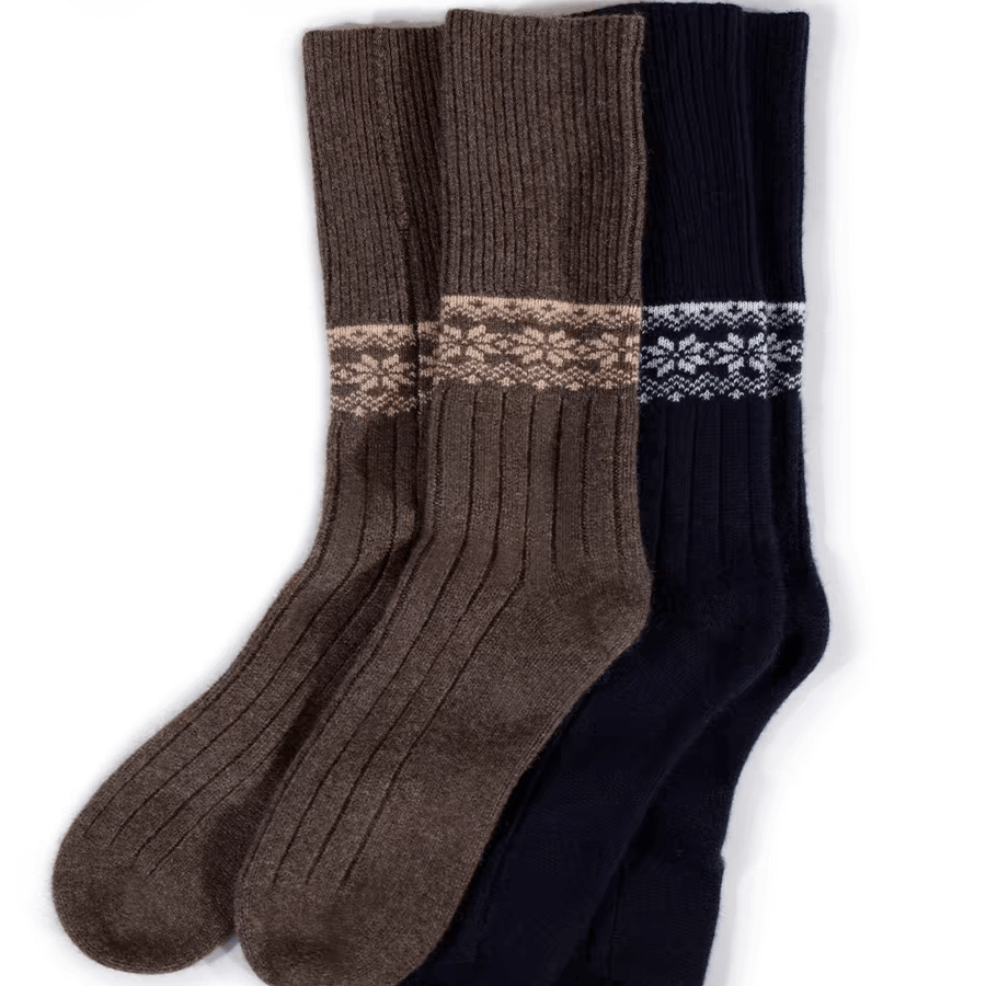 Women's jacquard cashmere mid-calf socks in navy blue and brown