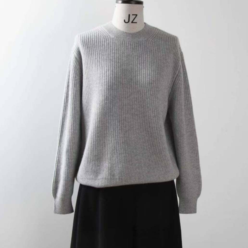 women's grey crew neck cashmere ribbed sweater