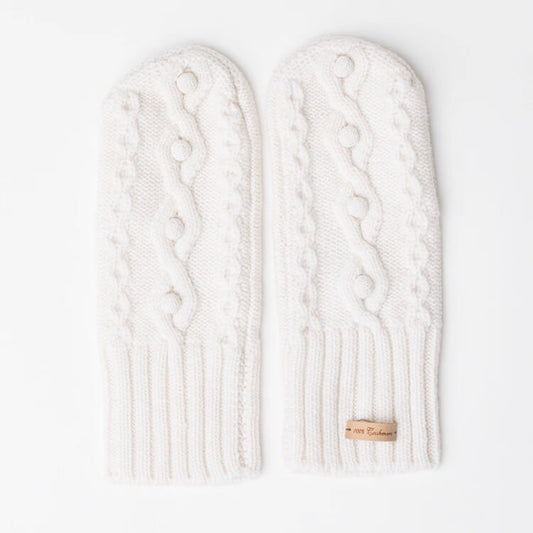 Women’s 100% Cashmere Cable Knit Gloves Thick, Full-Finger Style in Pure White