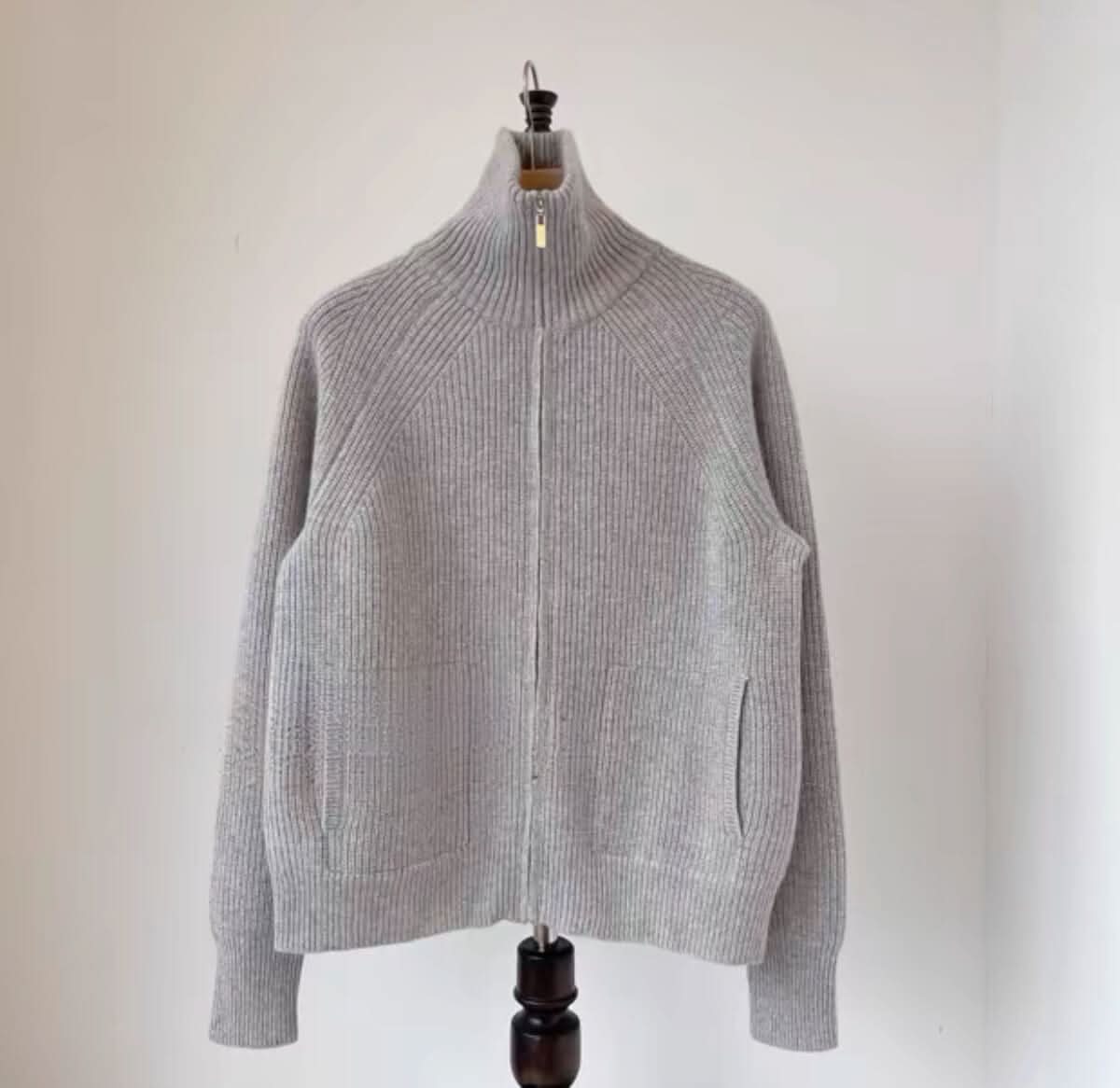 women's cashmere ribbed zipper grey cardigan sweaters
