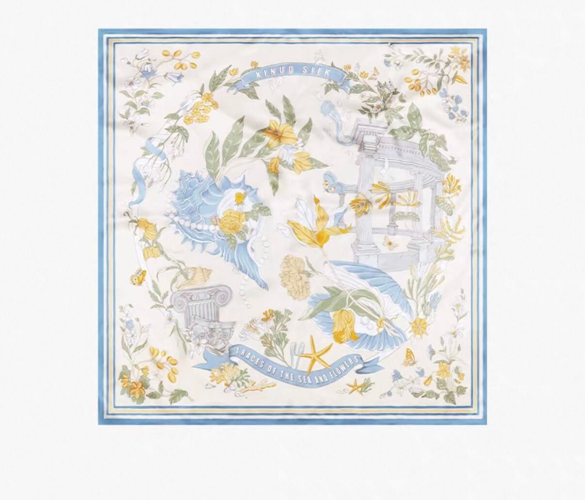 Luxury Silk Square Scarf with Marine and Flower Print