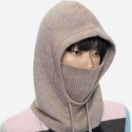 100% Cashmere Balaclava for Women in camel color, 100% cashmere balaclava drawstring hood with ribbed mask front, warmer than regular hoodie