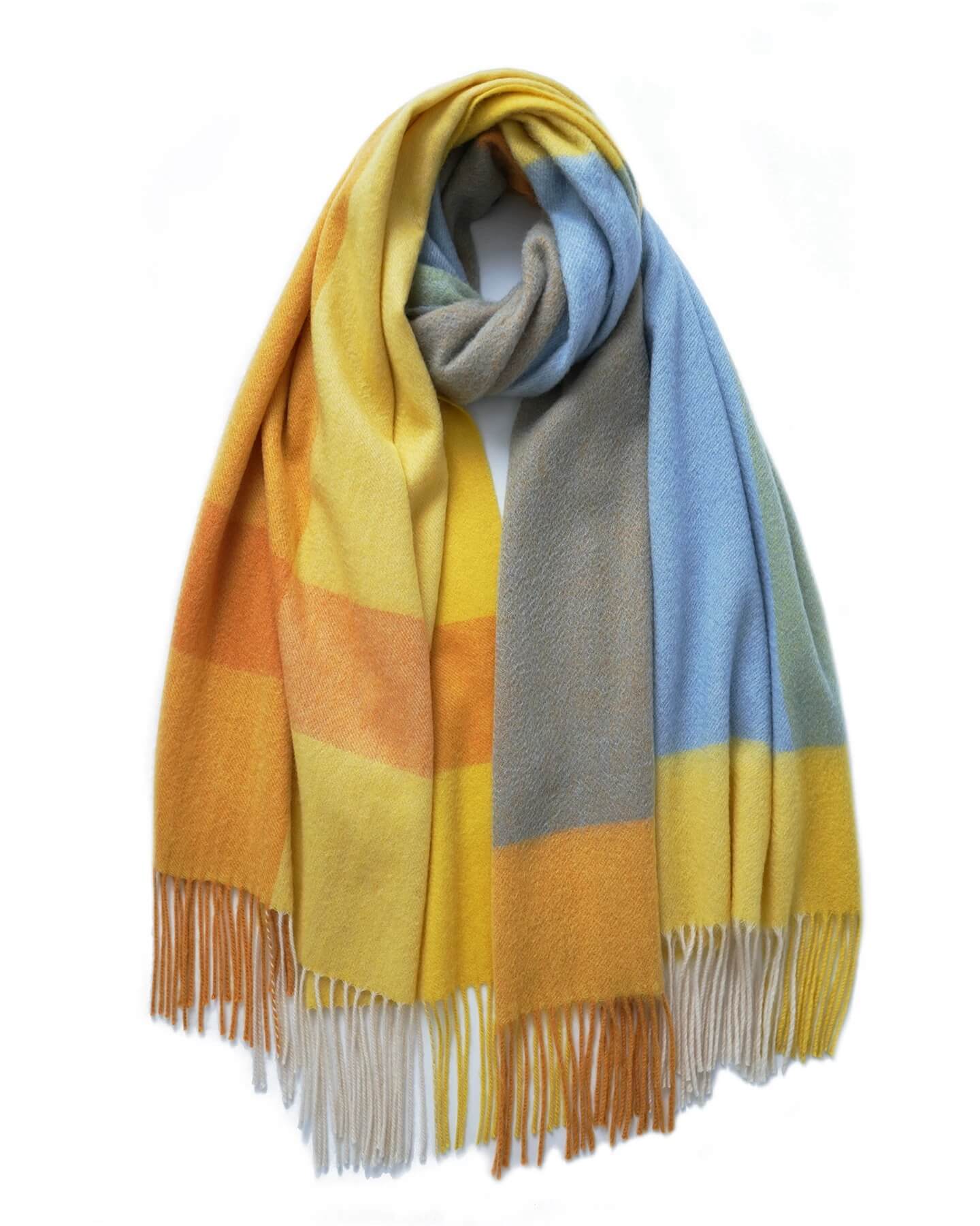 three-tone checkerboard patterns 100% cashmere shawl scarf in yellow and sky blue color
