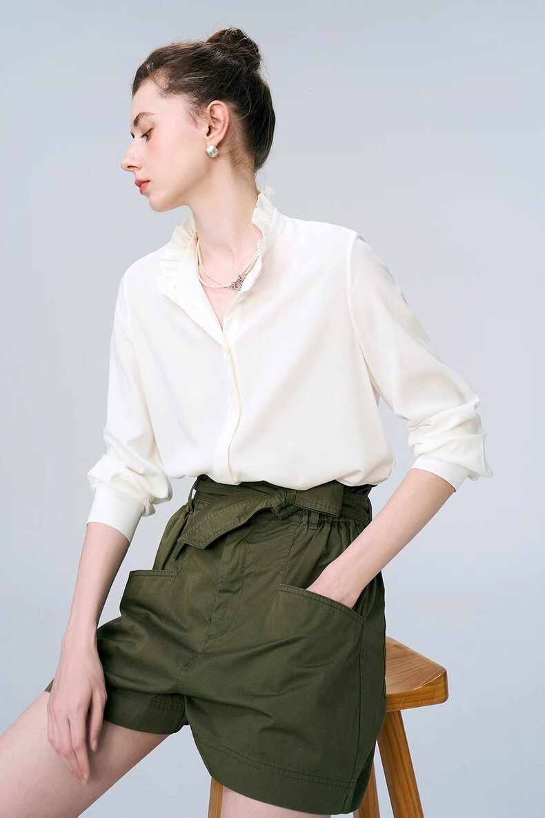 Texture of stretch silk crepe fabric,22 Momme Stretch Crepe Luxury Blouse in Pure White