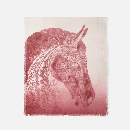 100 percent cashmere horse print scarf shawl in white with red horse design