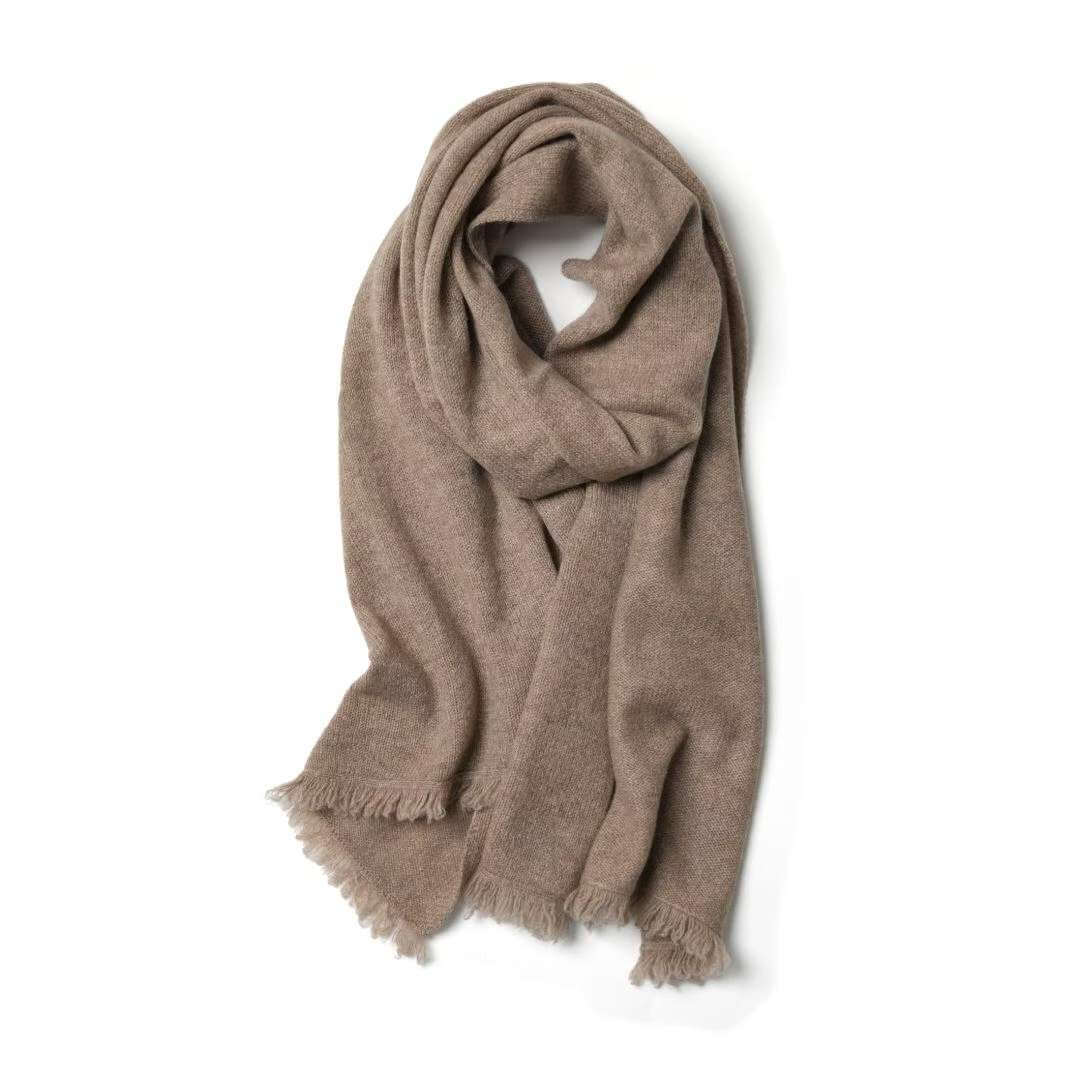Camel 100 percent cashmere knitted scarf for elegant cold weather layering