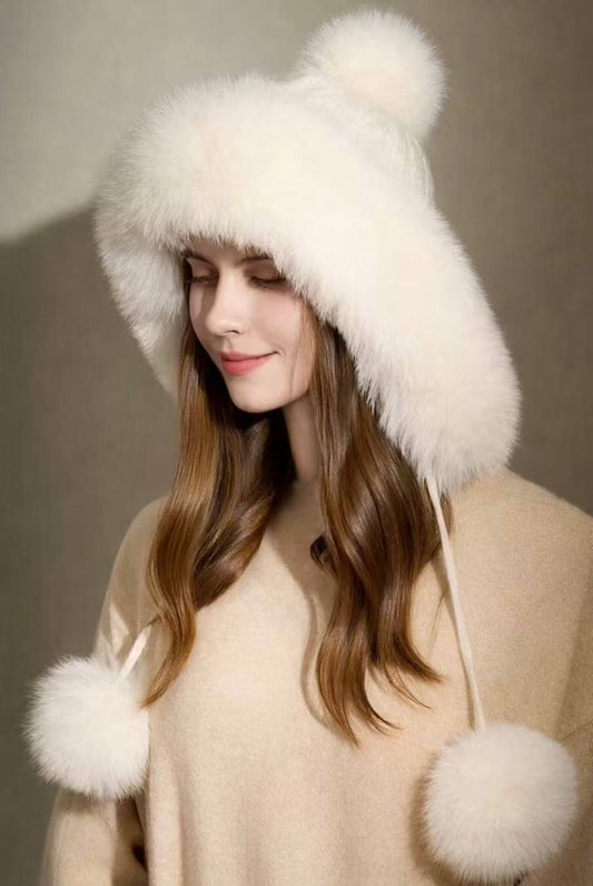 100% Cashmere Cable Knit Hat with Removable Fox Fur Pom Poms in white color 