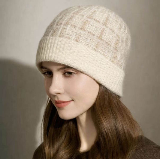 100% Cashmere Check Pattern Beanie with Subtle Metallic Accents — Luxury Soft Round-Top Hat
