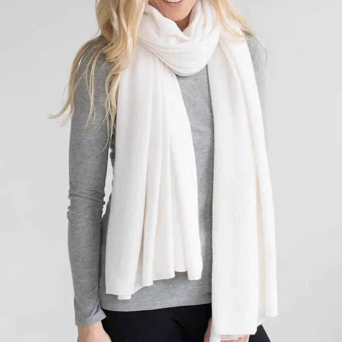 100% Cashmere Travel Shawl Wrap | Luxury Knit Scarf for Women in white