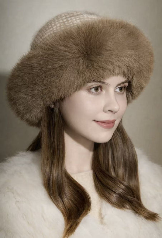 100% Cashmere Women’s Hats with Detachable Fox Fur Trim in camel color 