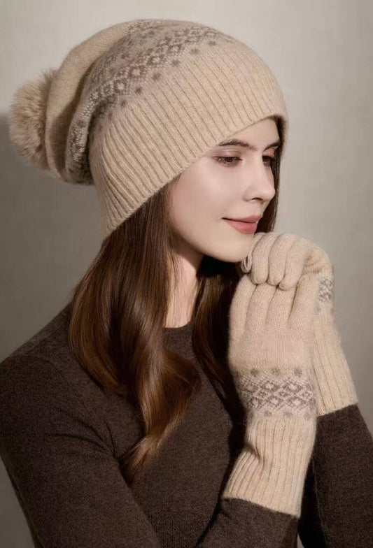Luxury 100% Cashmere Fair Isle Hat and Gloves Set – Natural Undyed Cashmere Winter Accessories