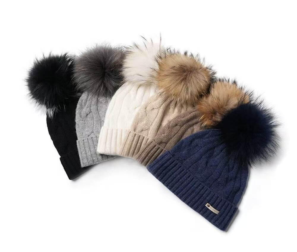 100% cashmere cable knit beanie with detachable pom pom for winter