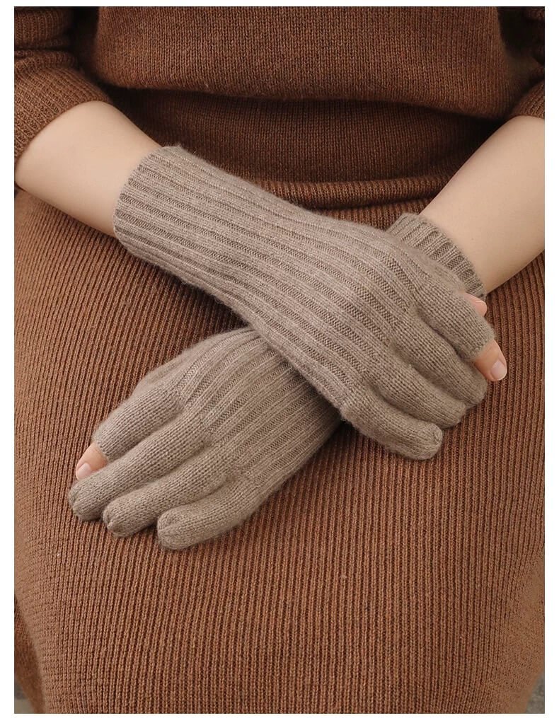 100% Cashmere Long Fingerless Gloves – Ribbed Cuffs, Touch-Friendly Design