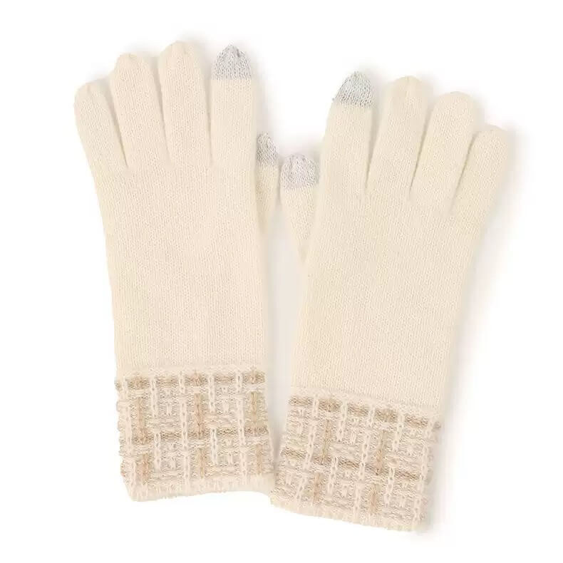White cashmere touchscreen gloves with light beige plaid trim