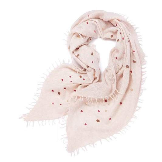 100% cashmere hand fringed polka dot embroidered scarf beige