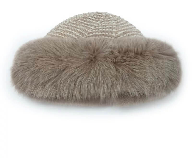 Close-up of removable fox fur trim on 100% cashmere beanie