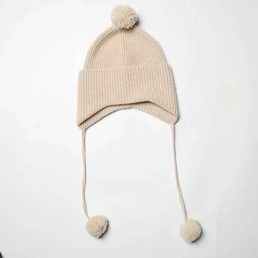 Beige 100 percent cashmere pom pom earflap hat luxury winter style