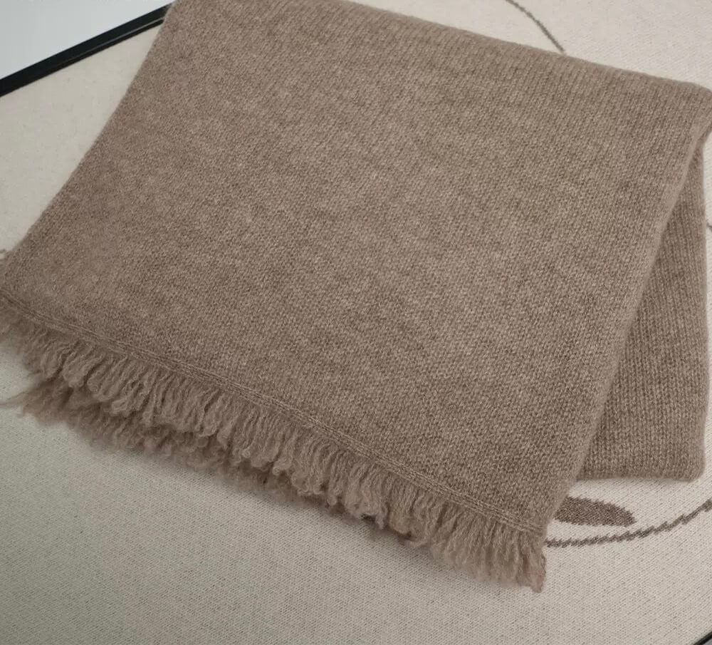 	Brown 100 percent cashmere knitted scarf with refined solid color design