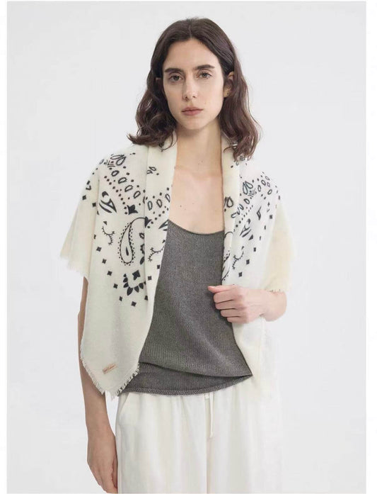 100% cashmere paisley print square scarf for women in ivory and black